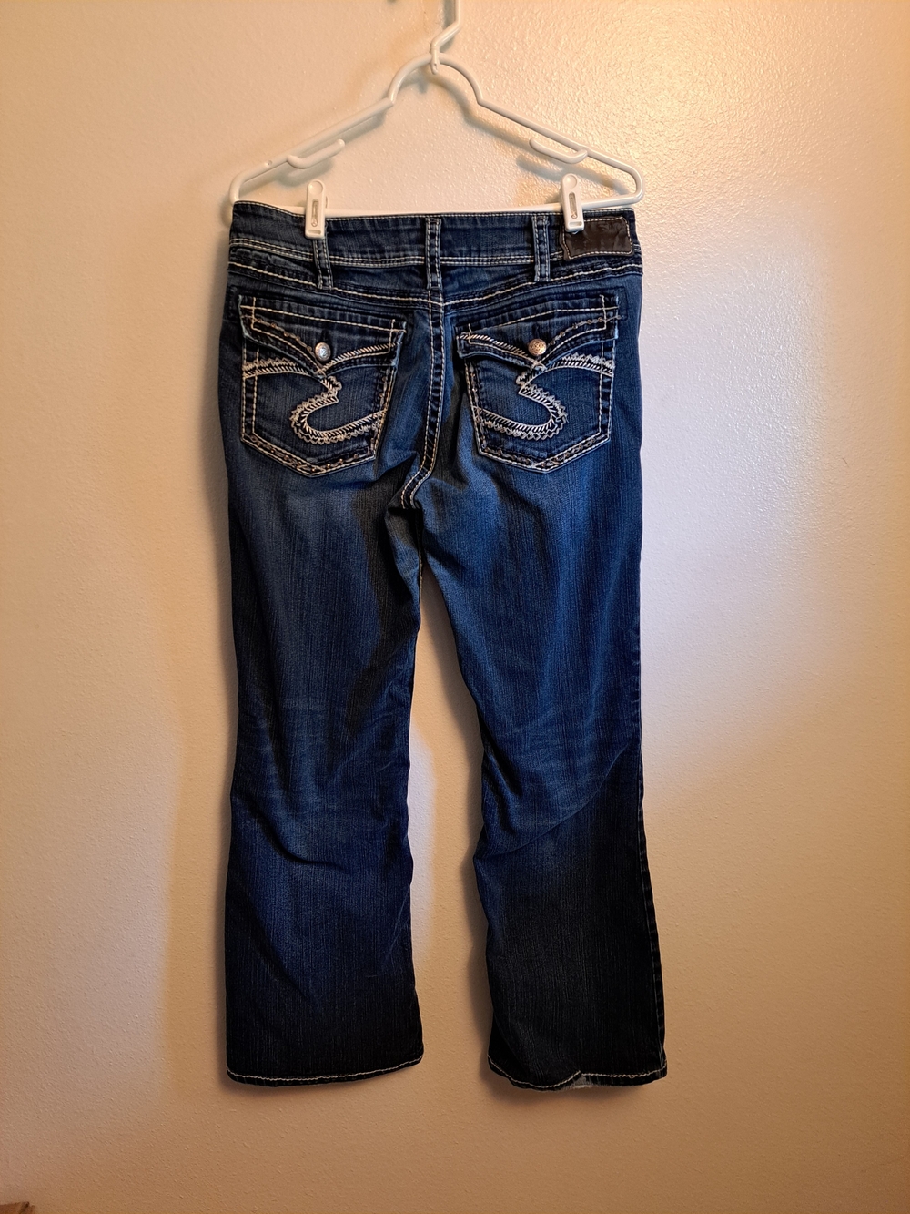 Silver Suki Flap Jeans with Rhinestone&Embroidered Back Flap Pockets